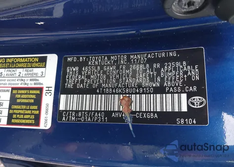 2008 Toyota Camry Hybrid из США, поврежденный, VIN 4T1BB46K58U049150